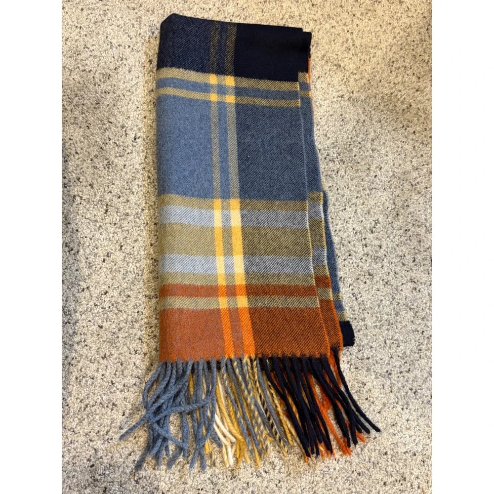 Woolmark Pure New Wool Plaid Scarf Made in Italy Blue Orange Yellow Fringe